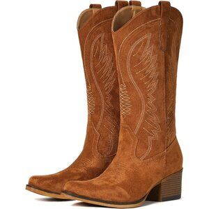 Women's Brown Mid Calf Embroidery Cowgirl Boots Retro Snip Toe Western Boot